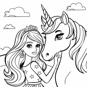 Dibujo de Barbie y unicornio para colorear