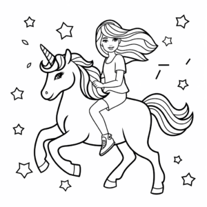 Dibujo de Barbie montando un unicornio para colorear