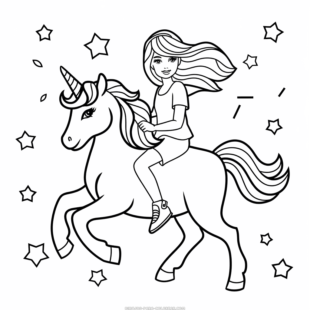 Dibujo de Barbie montando un unicornio para colorear
