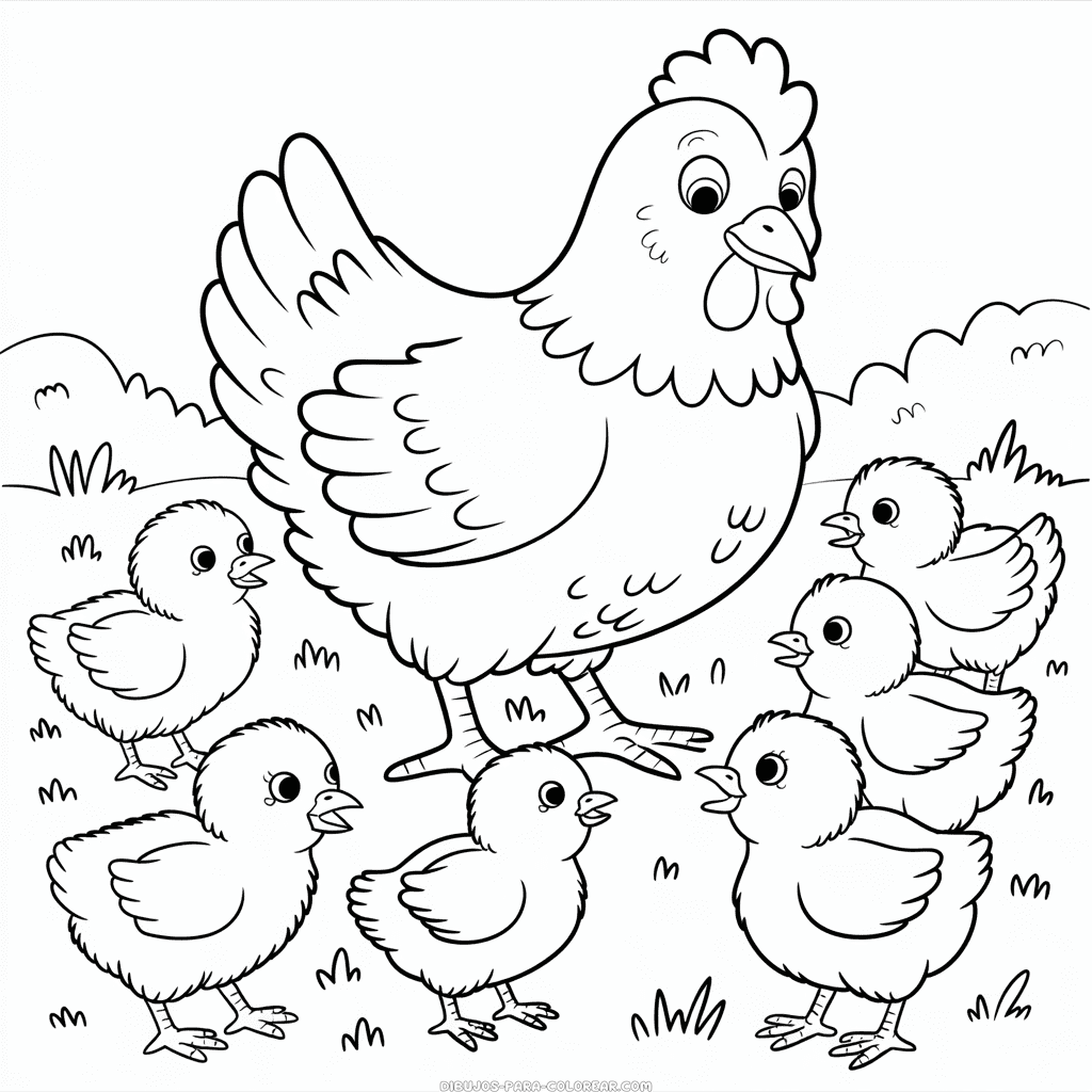 Dibujo de Gallina y Pollitos para Colorear