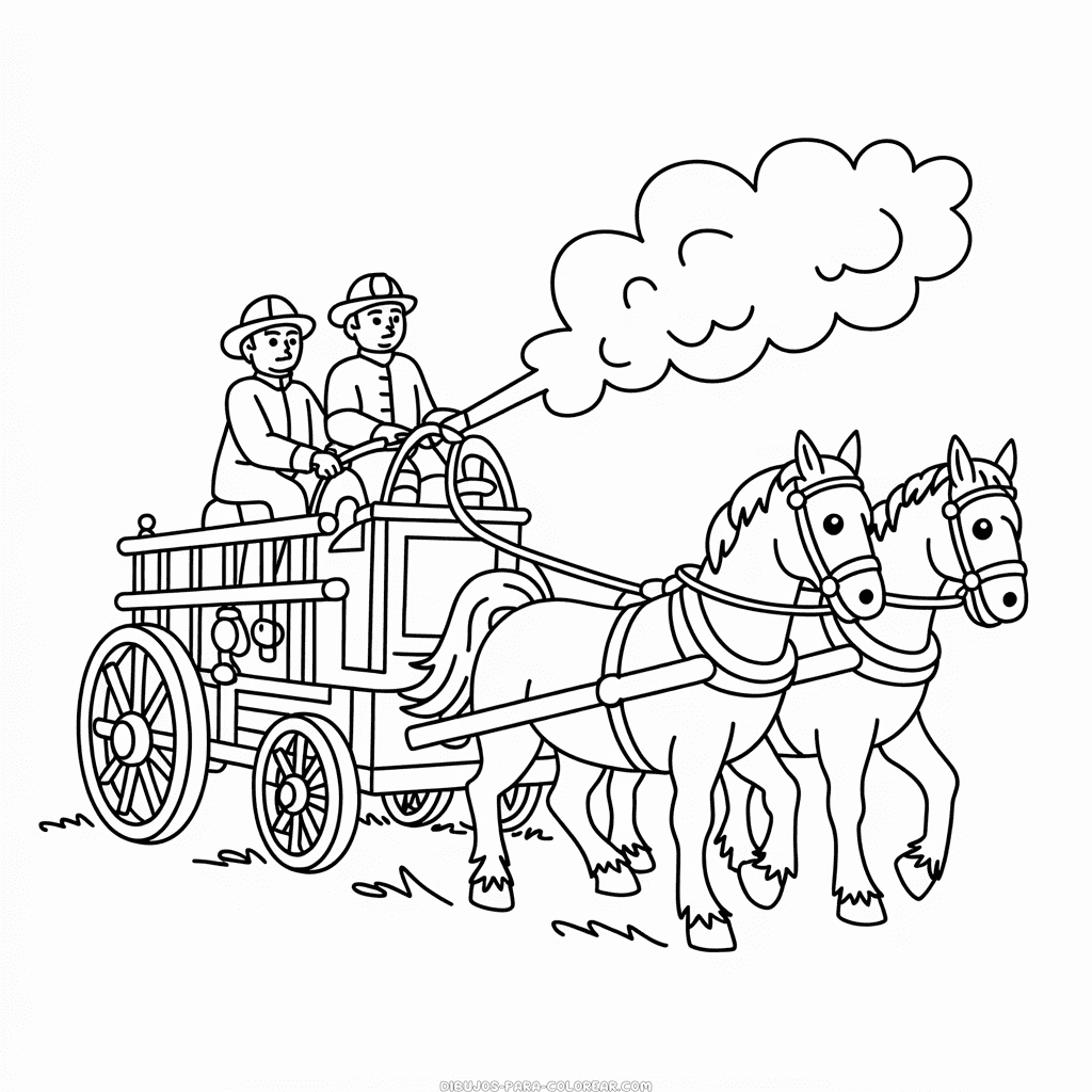 Dibujo de Antiguo Coche de Bomberos Tirado por Caballos para Colorear