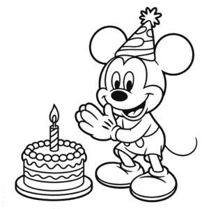 Dibujo de Mickey Mouse y Pastel de Cumpleaños para Colorear