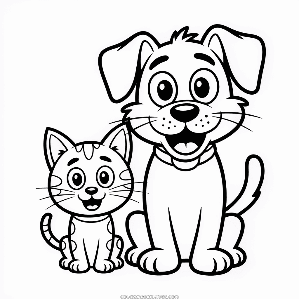 Dibujo de Dibujos Animados de Gato y Perro para Colorear