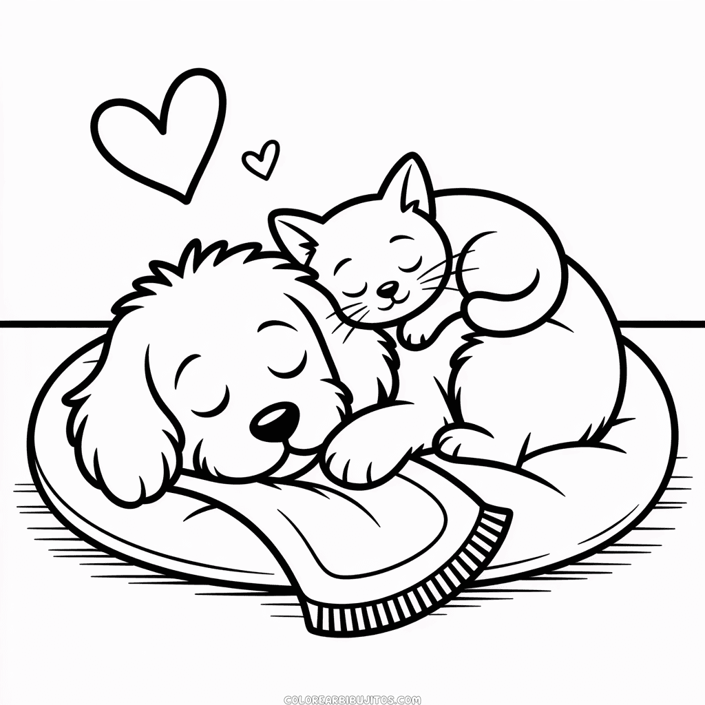 Dibujo de Gato Lindo y Perro para Colorear