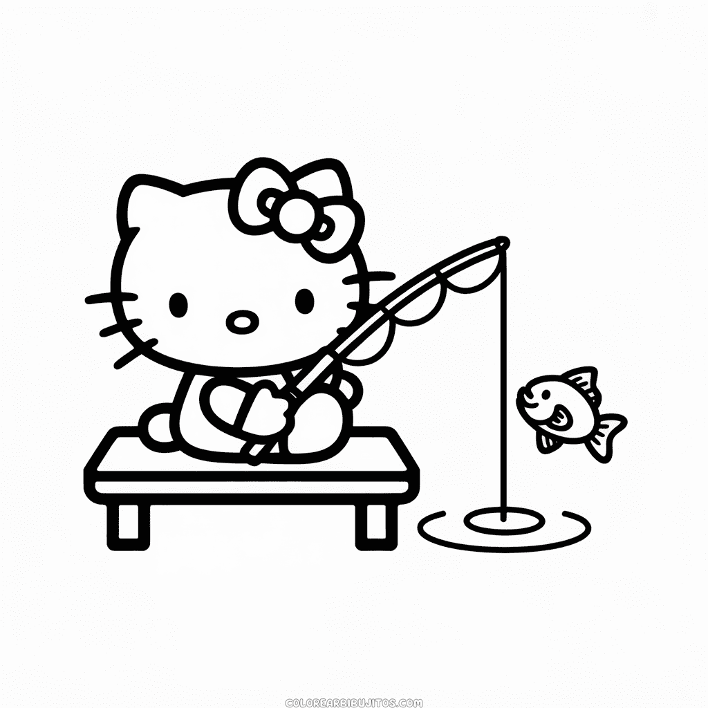 Dibujo de Hello Kitty Pescando para Colorear