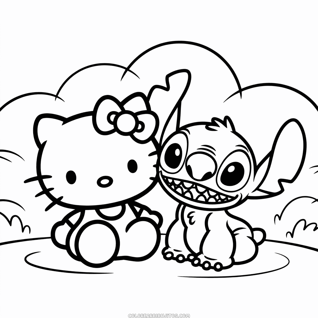 Dibujo de Hello Kitty y Stitch para Colorear