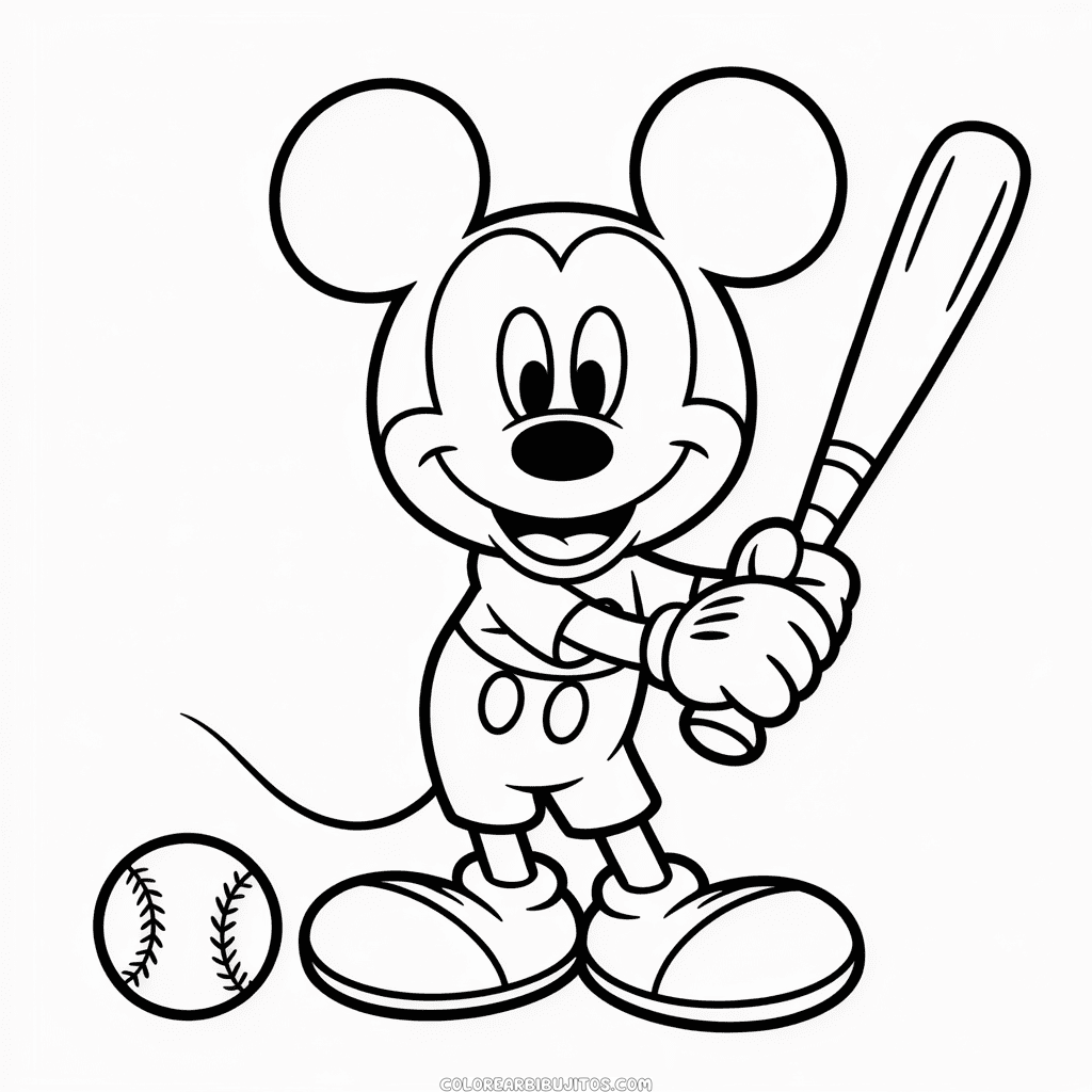 Dibujo de Mickey Mouse Jugando Béisbol para Colorear