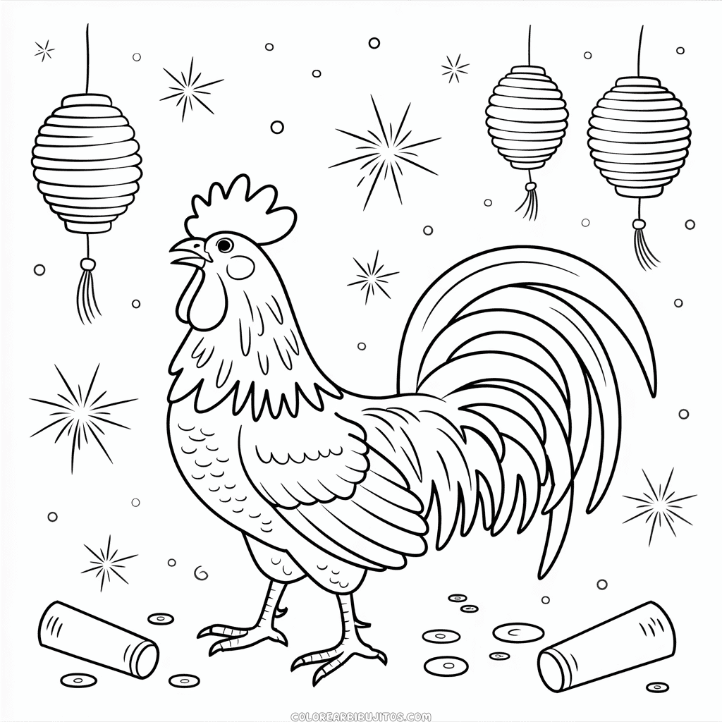Dibujo de Año Nuevo Chino Gallo para Colorear