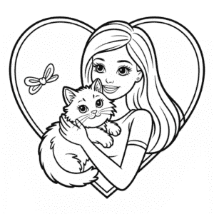 Dibujo de Barbie con Gato para Colorear