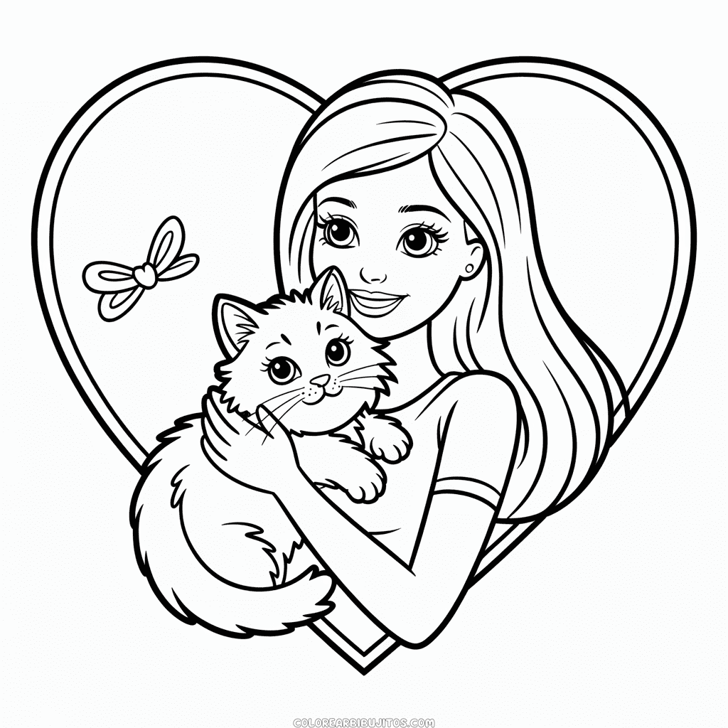 Dibujo de Barbie con Gato para Colorear