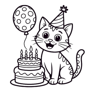 Dibujo de Cumpleaños de Gato para Colorear