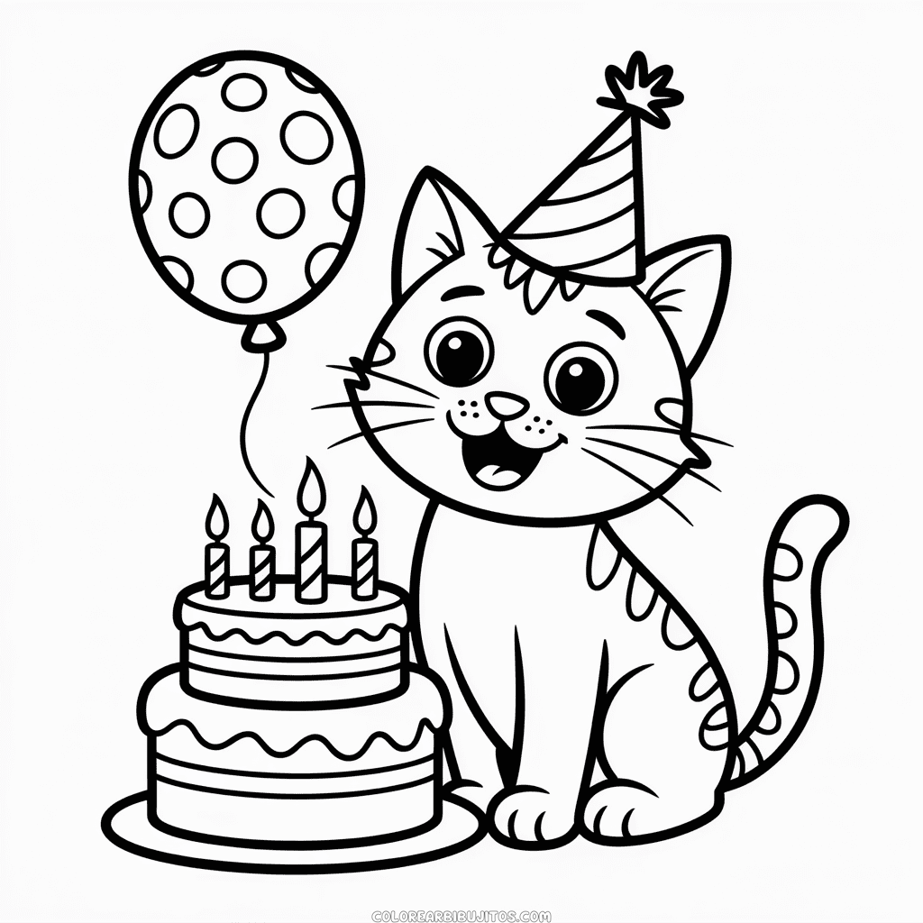 Dibujo de Cumpleaños de Gato para Colorear