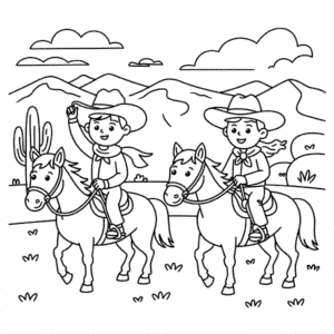 Dibujo de Dos Vaqueros Montando Caballos para Colorear