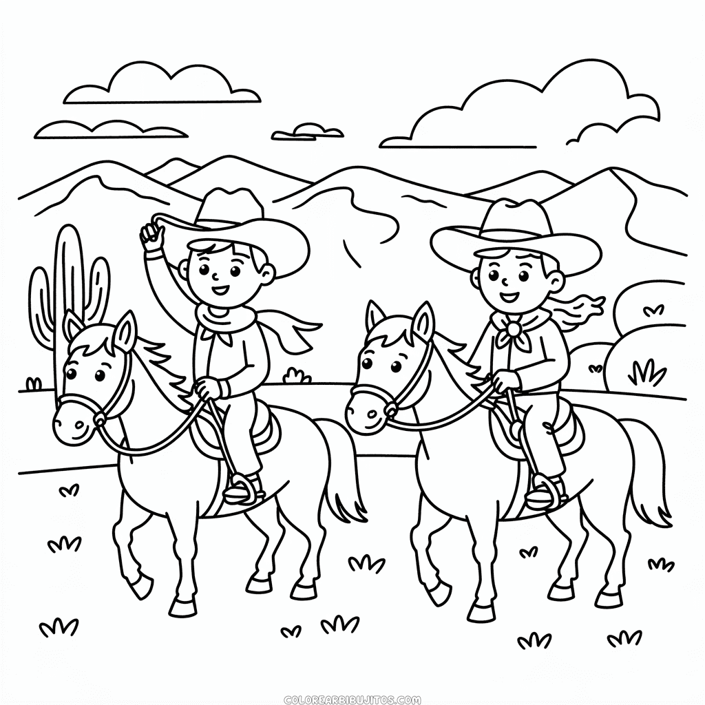 Dibujo de Dos Vaqueros Montando Caballos para Colorear