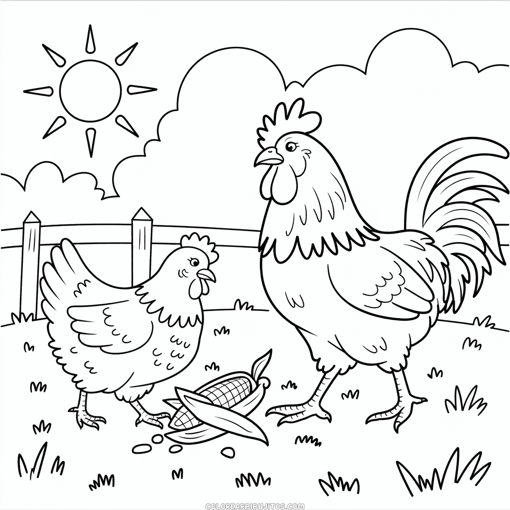 Dibujo de Gallina y Gallo para Colorear