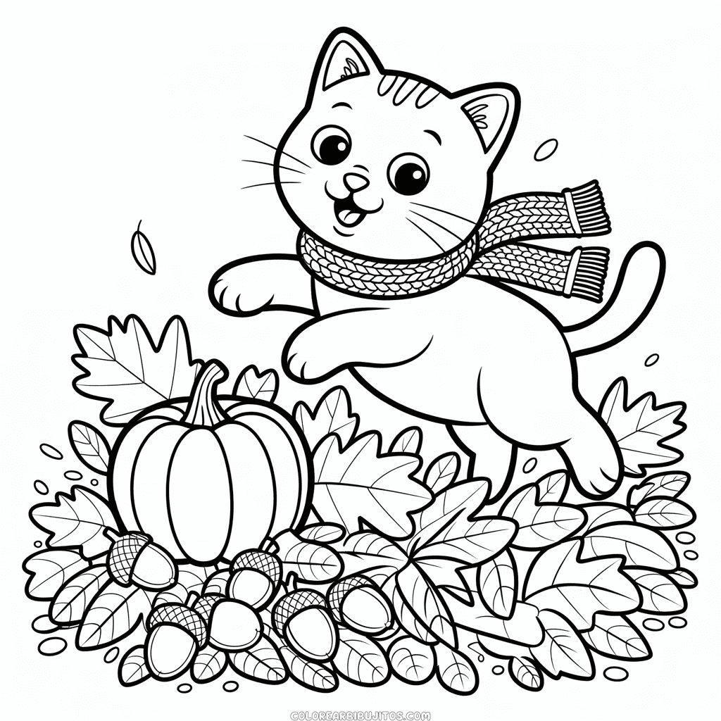 Dibujo de Gato en Otoño para Colorear