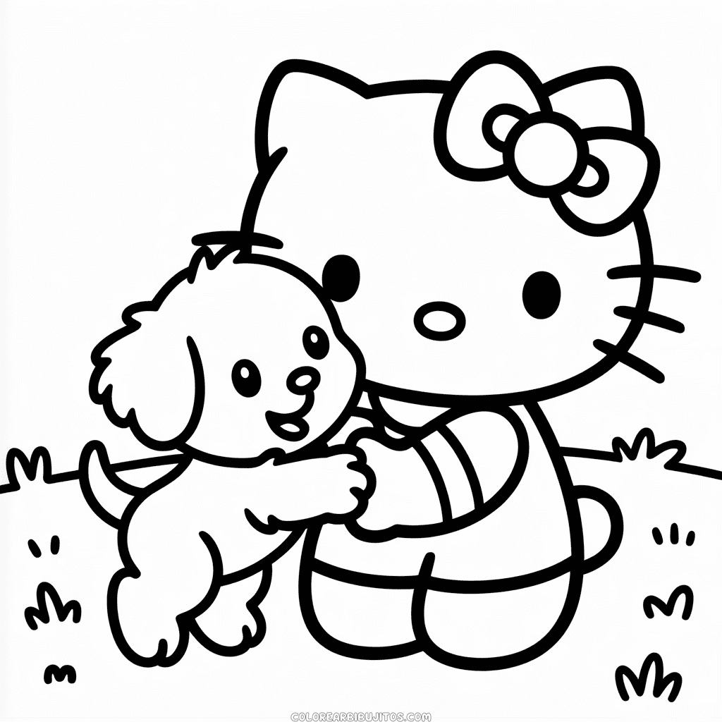 Dibujo de Hello Kitty con Cachorro para Colorear