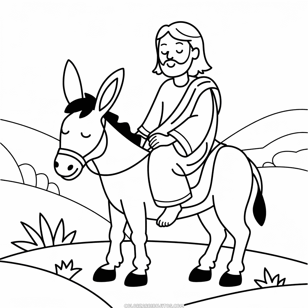 Dibujo de Jesús Montando un Burro para Colorear