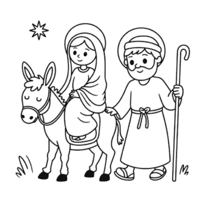 Dibujo de María y José con Burro para Colorear