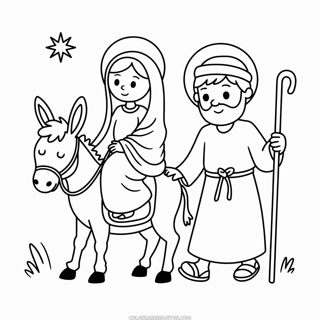 Dibujo de María y José con Burro para Colorear