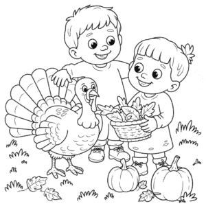 Dibujo de Niños con Pavo para Colorear