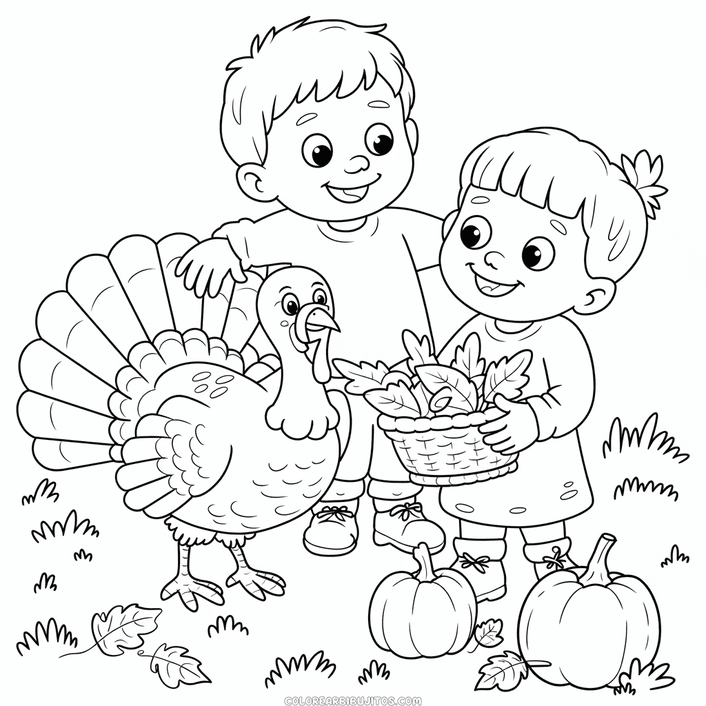 Dibujo de Niños con Pavo para Colorear