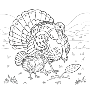 Dibujo de Pavo adulto y pavo bebé para Colorear