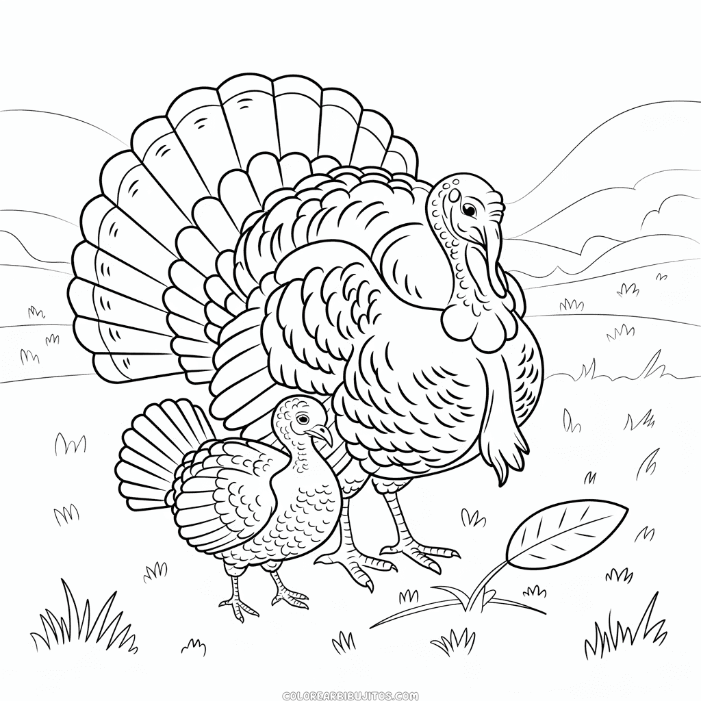 Dibujo de Pavo adulto y pavo bebé para Colorear