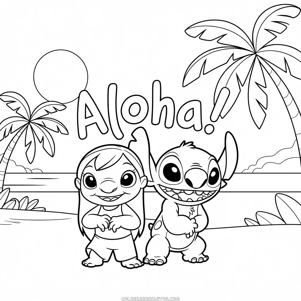 Dibujo de Adorables Lilo y Stitch para Colorear