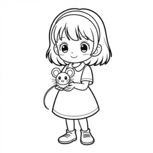 Dibujo de Chica Anime Sosteniendo un Ratón para Colorear