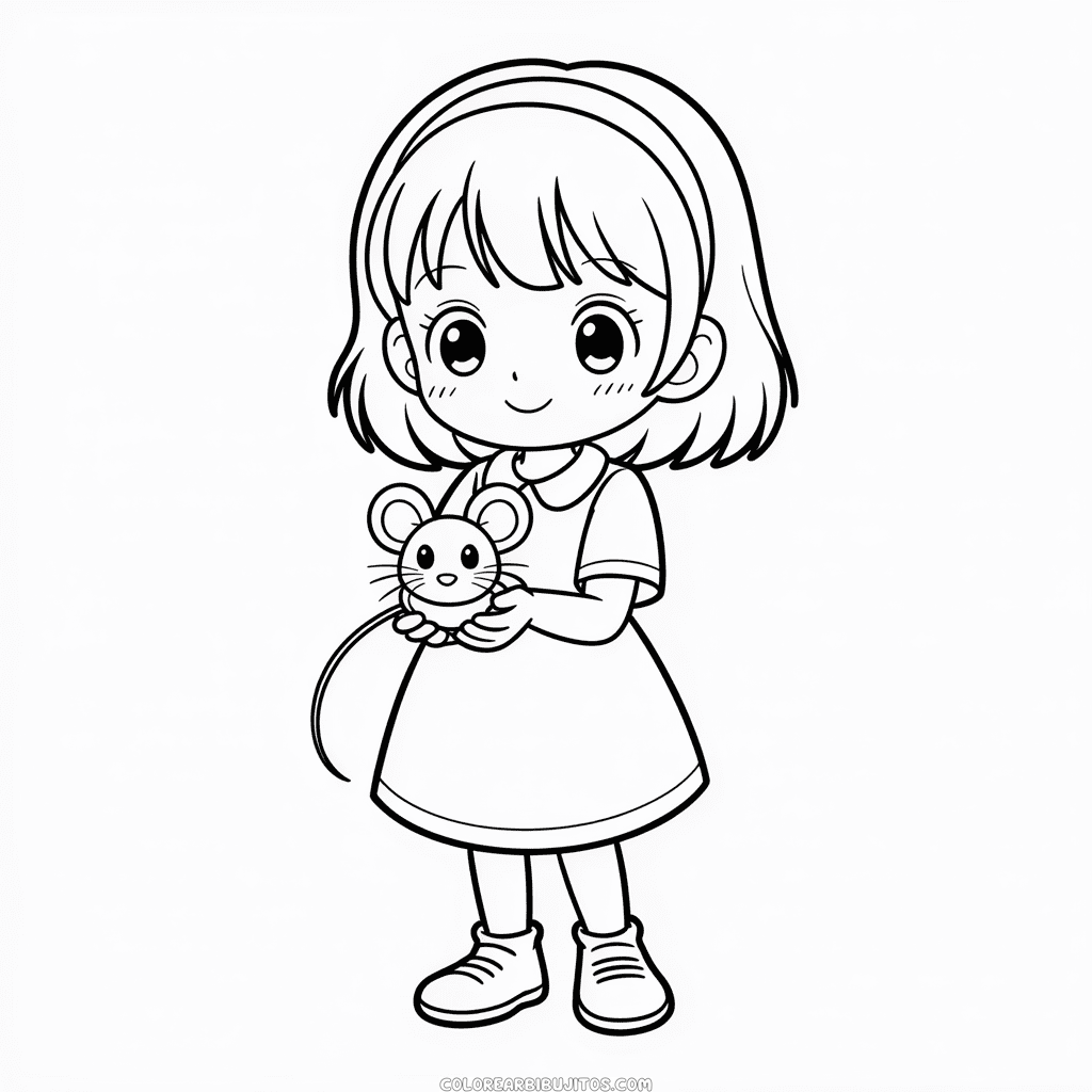 Dibujo de Chica Anime Sosteniendo un Ratón para Colorear