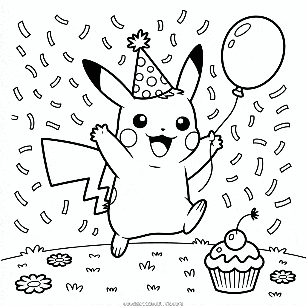 Dibujo de Feliz Cumpleaños Pikachu para Colorear