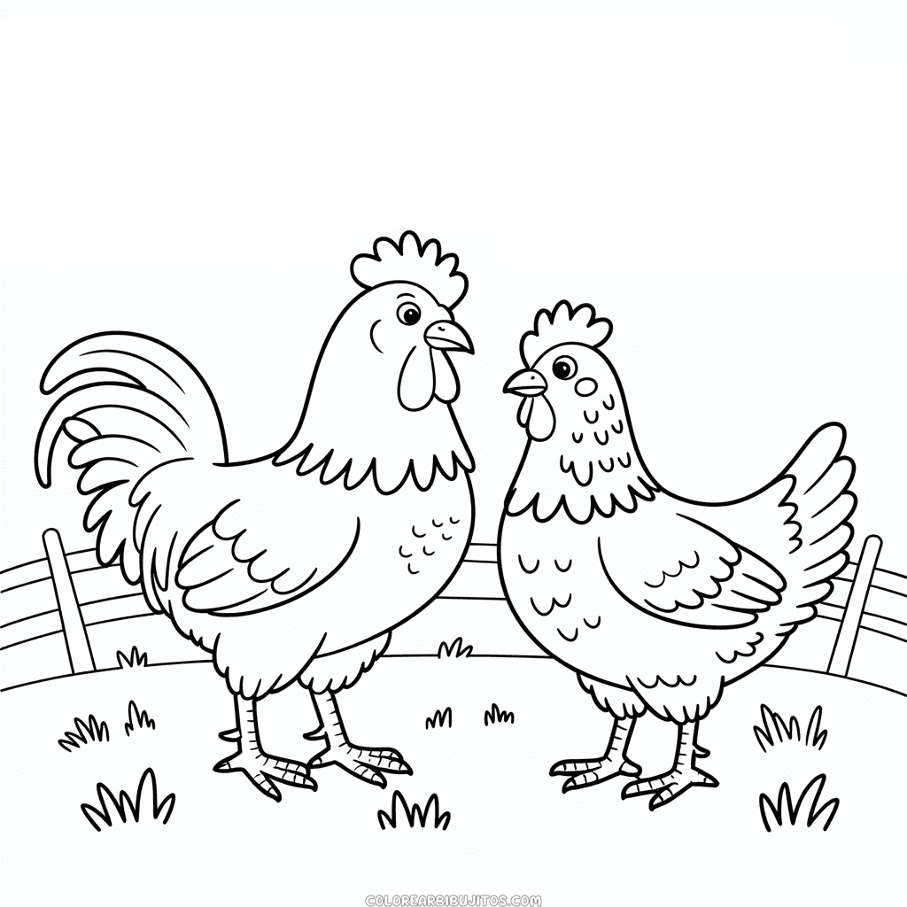 Dibujo de Gallo y Gallina para Colorear