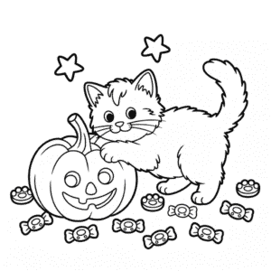 Dibujo de Gato y Calabaza de Halloween para Colorear