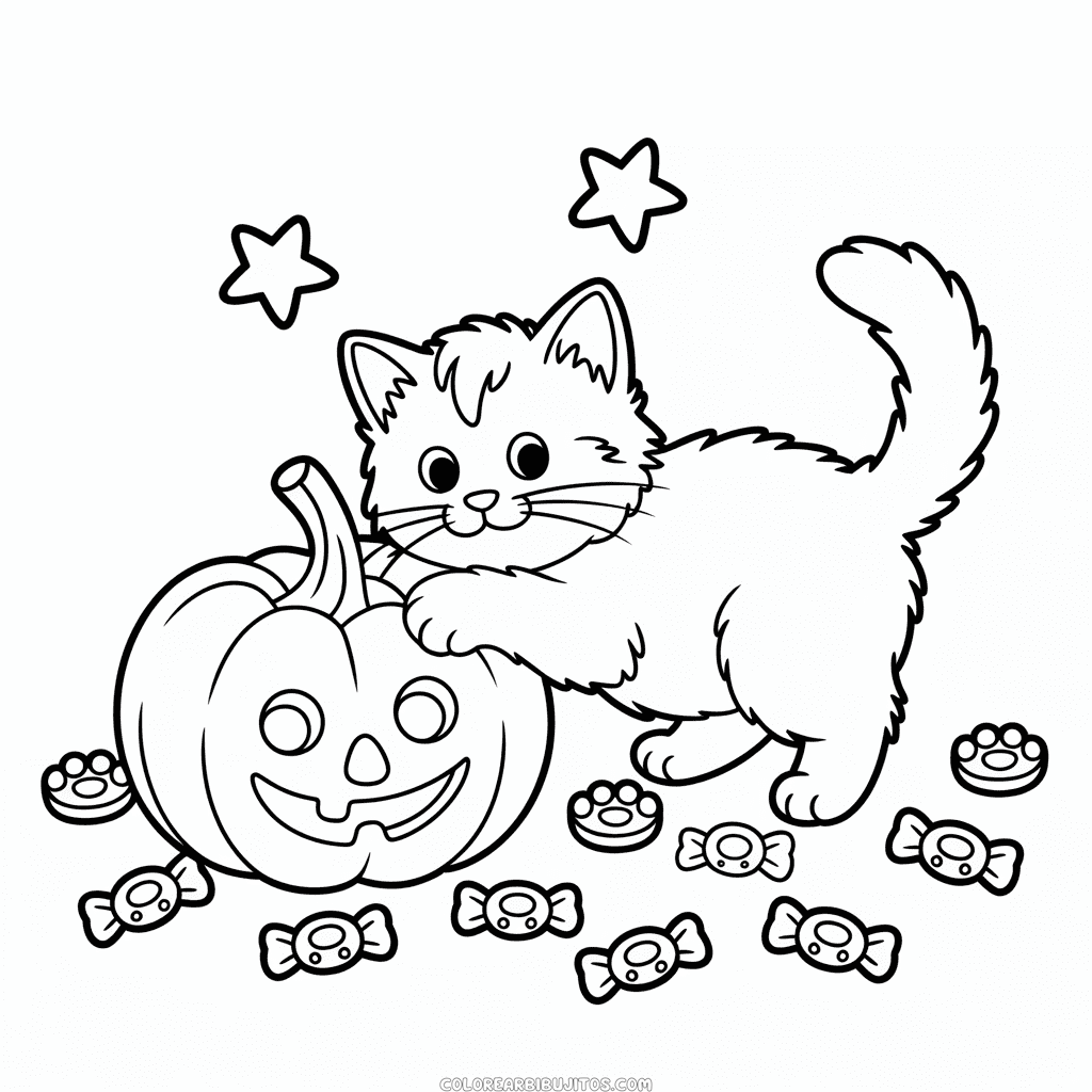 Dibujo de Gato y Calabaza de Halloween para Colorear