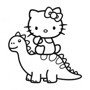 Dibujo de Hello Kitty y Dinosaurio para Colorear