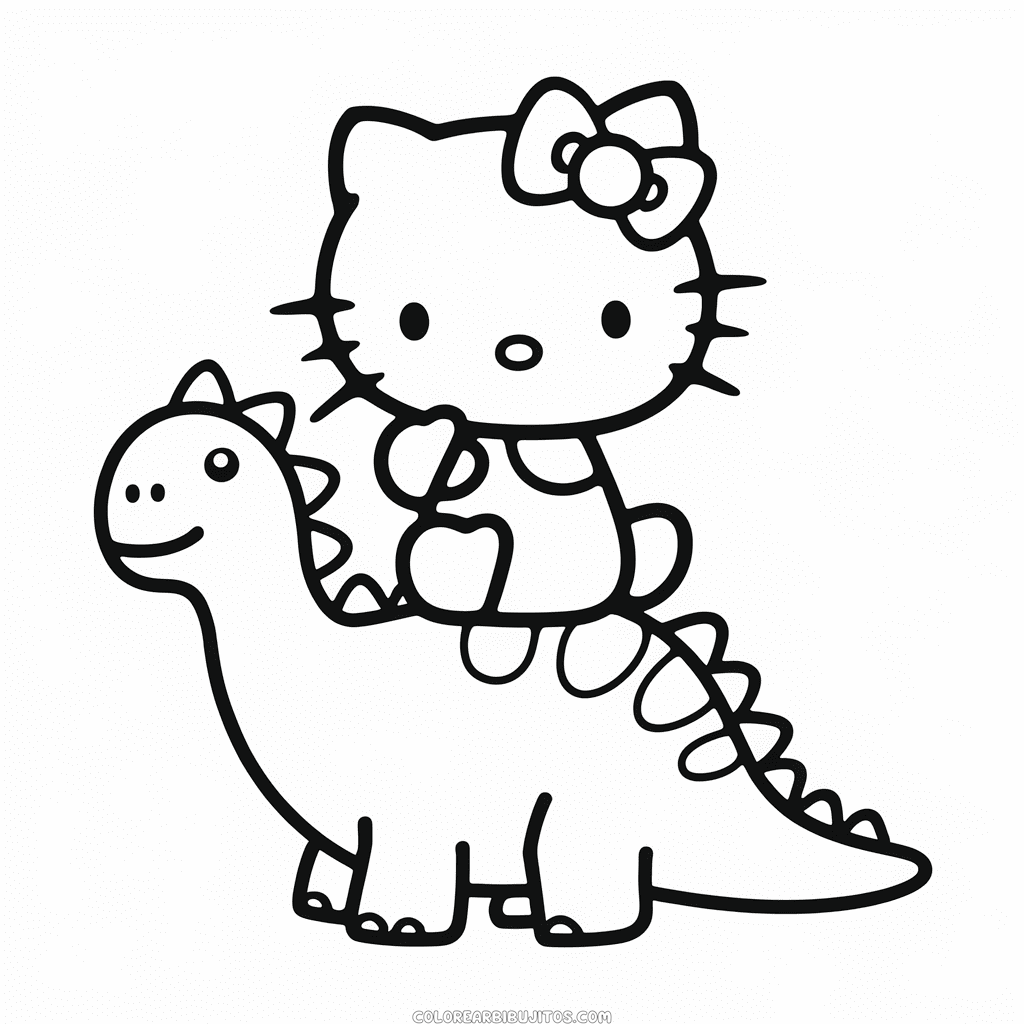 Dibujo de Hello Kitty y Dinosaurio para Colorear