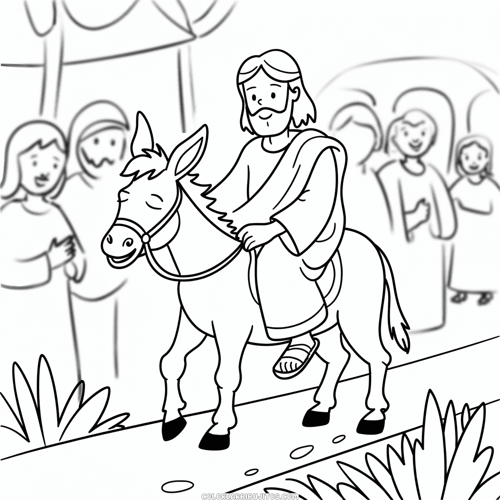 Dibujo de Jesús sentado en un Burro para Colorear