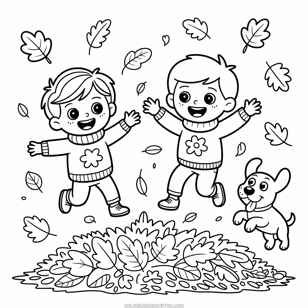 Dibujo de Niños Adorables de Otoño para Colorear