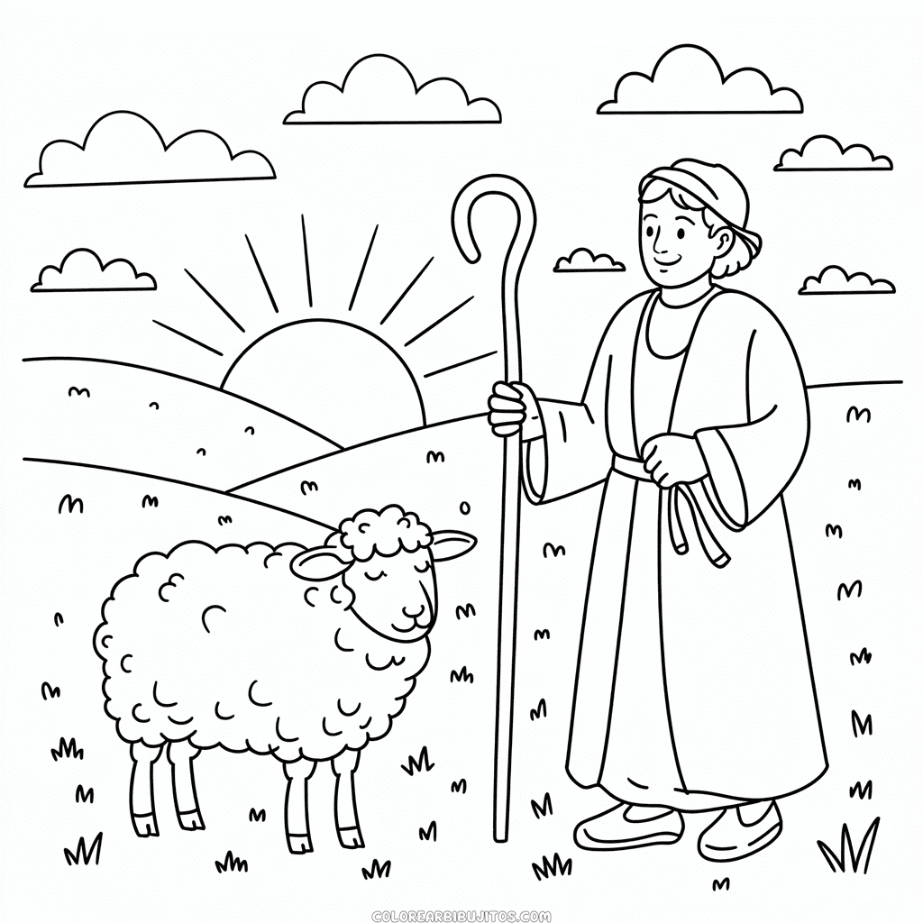 Dibujo de Oveja Adulta y Pastor para Colorear