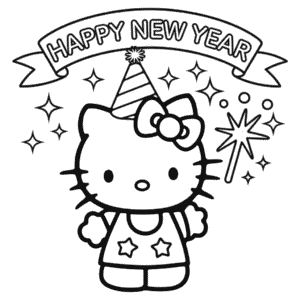 Dibujo de Hello Kitty Feliz Año Nuevo para Colorear