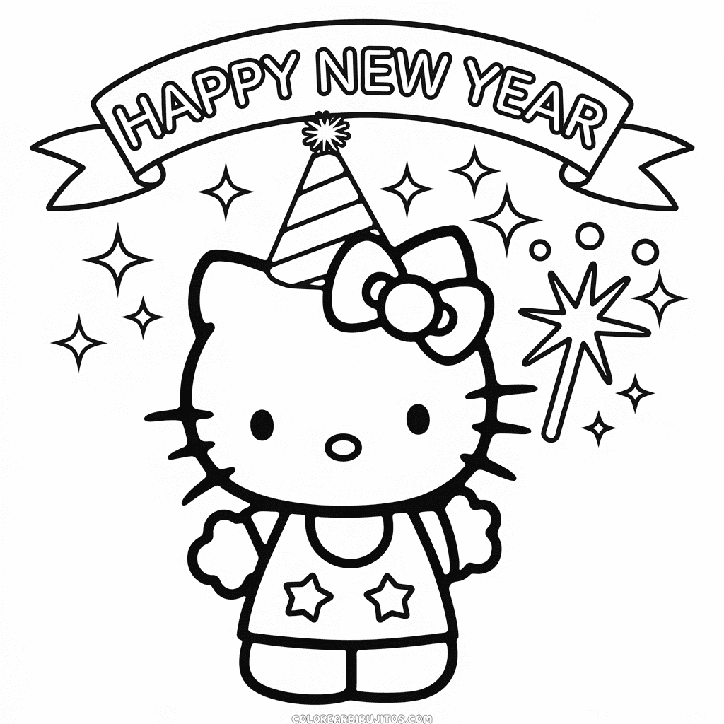 Dibujo de Hello Kitty Feliz Año Nuevo para Colorear