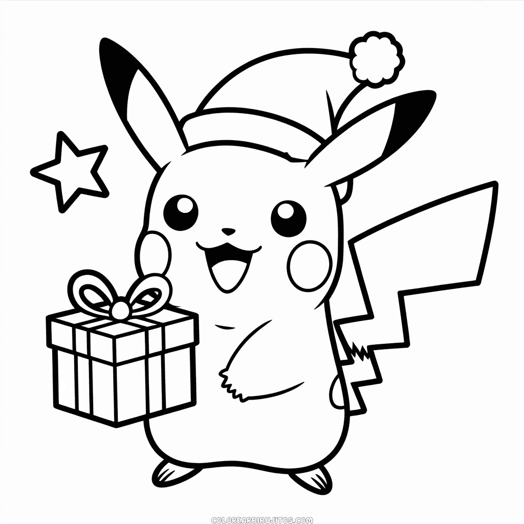 Dibujo de Pikachu con Sombrero de Santa para Colorear