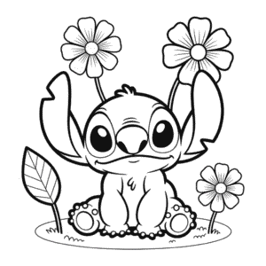 Dibujo de Stitch con Flores para Colorear